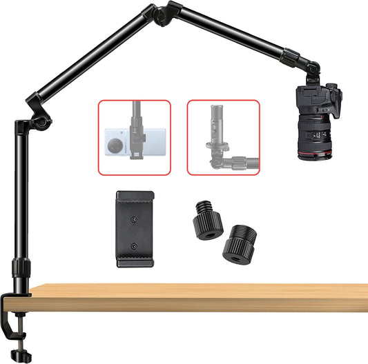 Overhead Camera Mount Desk Stand, Bearing 18lb, Base& Top 360° Adjustable, with 1/4“ 3/8" 5/8" Screw, 3-Section Flexible Articulating Metal Arm for DSLR Camera/Webcam