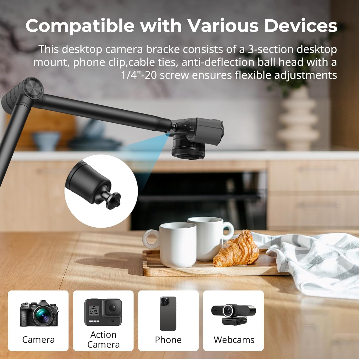 SMALLRIG Overhead 3-Section Desktop Camera Bracket, Damping Boom Arm Desk Mount with 360 Rotatable Ball Head, Tabletop C Clamp, Max Load to 4.4lbs / 2kg for Photography Videography Live Stream