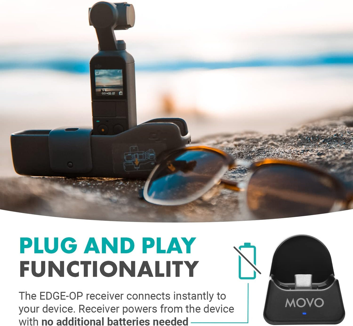 Movo Edge-OP Wireless Lavalier Microphone for Osmo Pocket 1 and 2 - Wireless Clip-on Lapel Mic, Transmitter, and Receiver Set for Video, Vlogging, Filming
