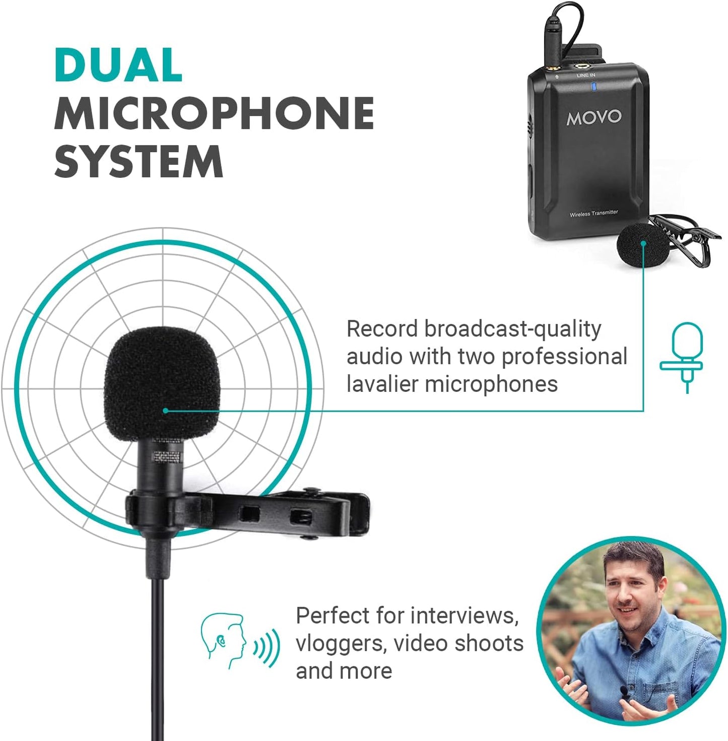 Movo Edge-OP-Duo Dual Wireless Lavalier Microphone for Osmo Pocket 1 and 2 - Wireless Clip-on Lapel Mic, 2 Transmitters, and Receiver Set for Video, Vlogging, Filming