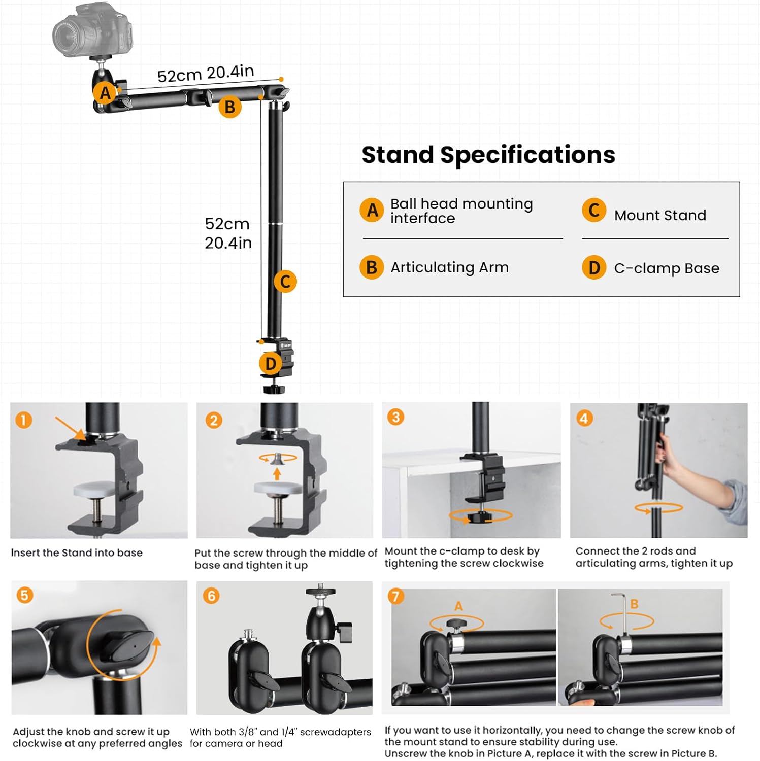 TARION Desk Camera Mount Stand Heavy Duty Articulated Camera Arm Articulating Table Mount Camera Stand Adjustable Flexible Gear Joints TKA01-L