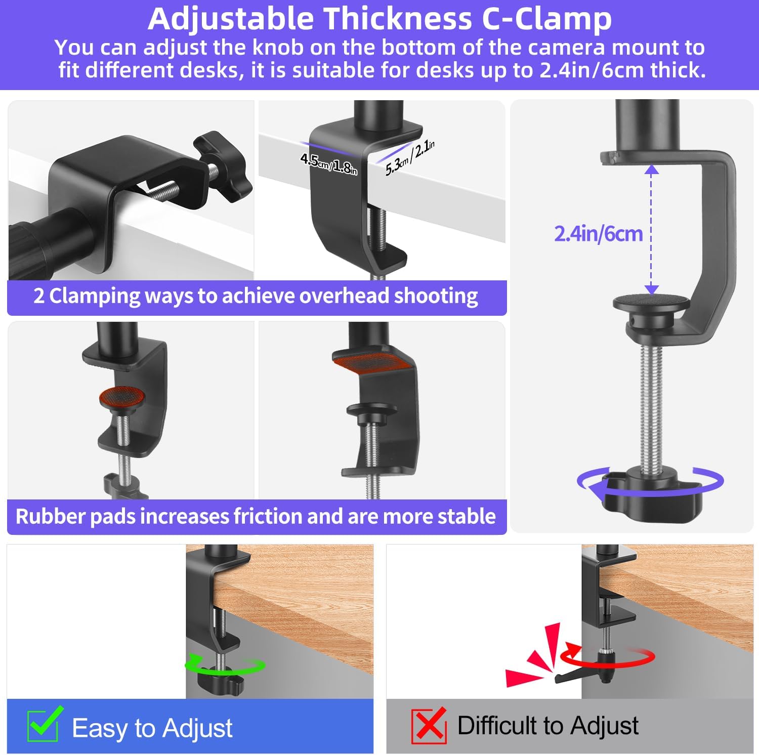JINSUI 37" Overhead Camera Mount Desk Stand, 3-Section 360° Adjustable Articulating Metal Arm with 1/4" Screw and Phone Holder, Foldable Webcam Stand for DSLR Camera Ring Light Projector