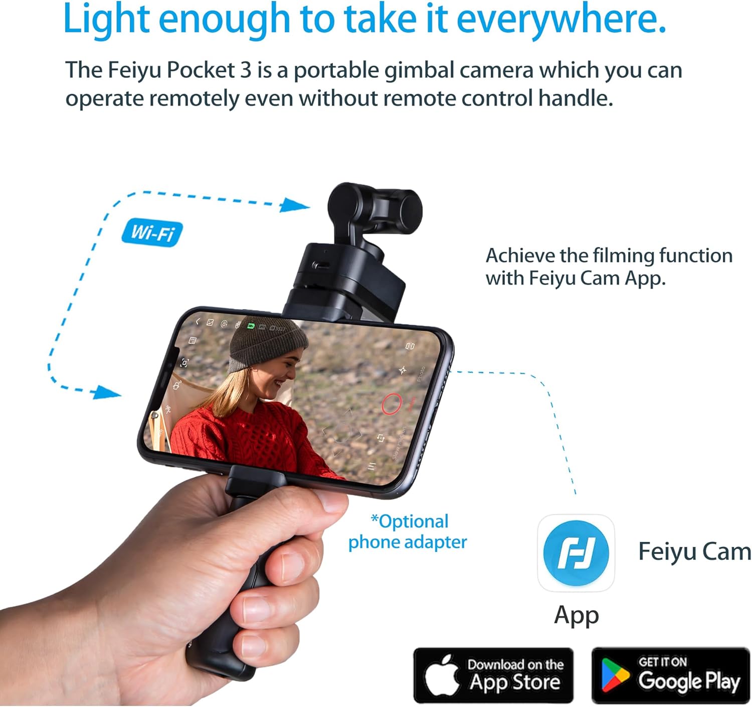 Feiyu Pocket 3 Cordless Detachable 3-Axis Gimbal Camera with Zoom - 1/2.3" CMOS,130°FOV,4K 60FPS,AI Tracking, Portable Camera Stabilizer for Video Recording,Extreme Sport/Riding/Car/Travel