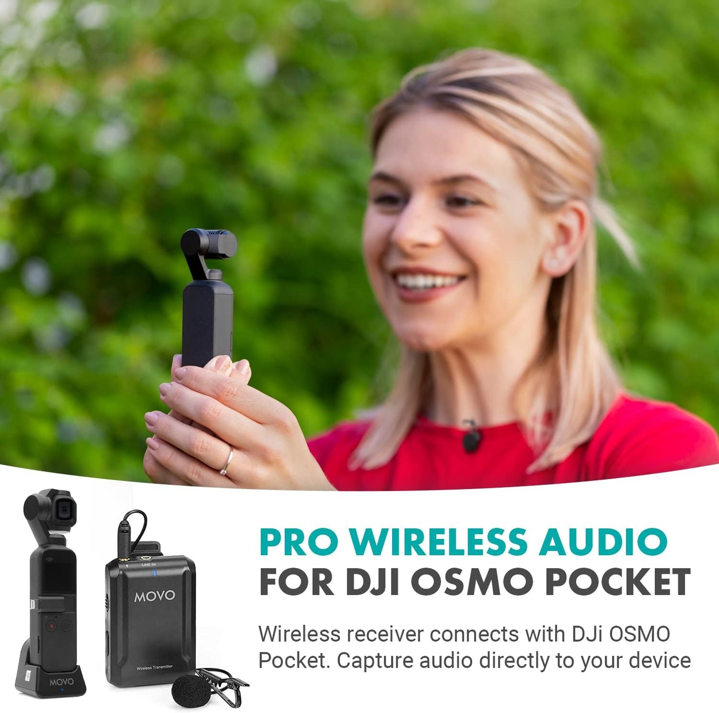 Movo Edge-OP Wireless Lavalier Microphone for Osmo Pocket 1 and 2 - Wireless Clip-on Lapel Mic, Transmitter, and Receiver Set for Video, Vlogging, Filming