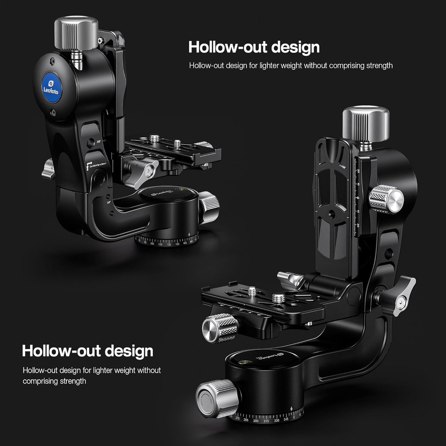 Leofoto Camera Gimbal Head, Aluminum Folding Gimbal Head with 3/8"-16 Hole and 1/4"-20 Threaded for Mounting Tripod/LED Panels/Monitors/Microphones, Max Load to 25kg/55.12lb (PG-2-Black)