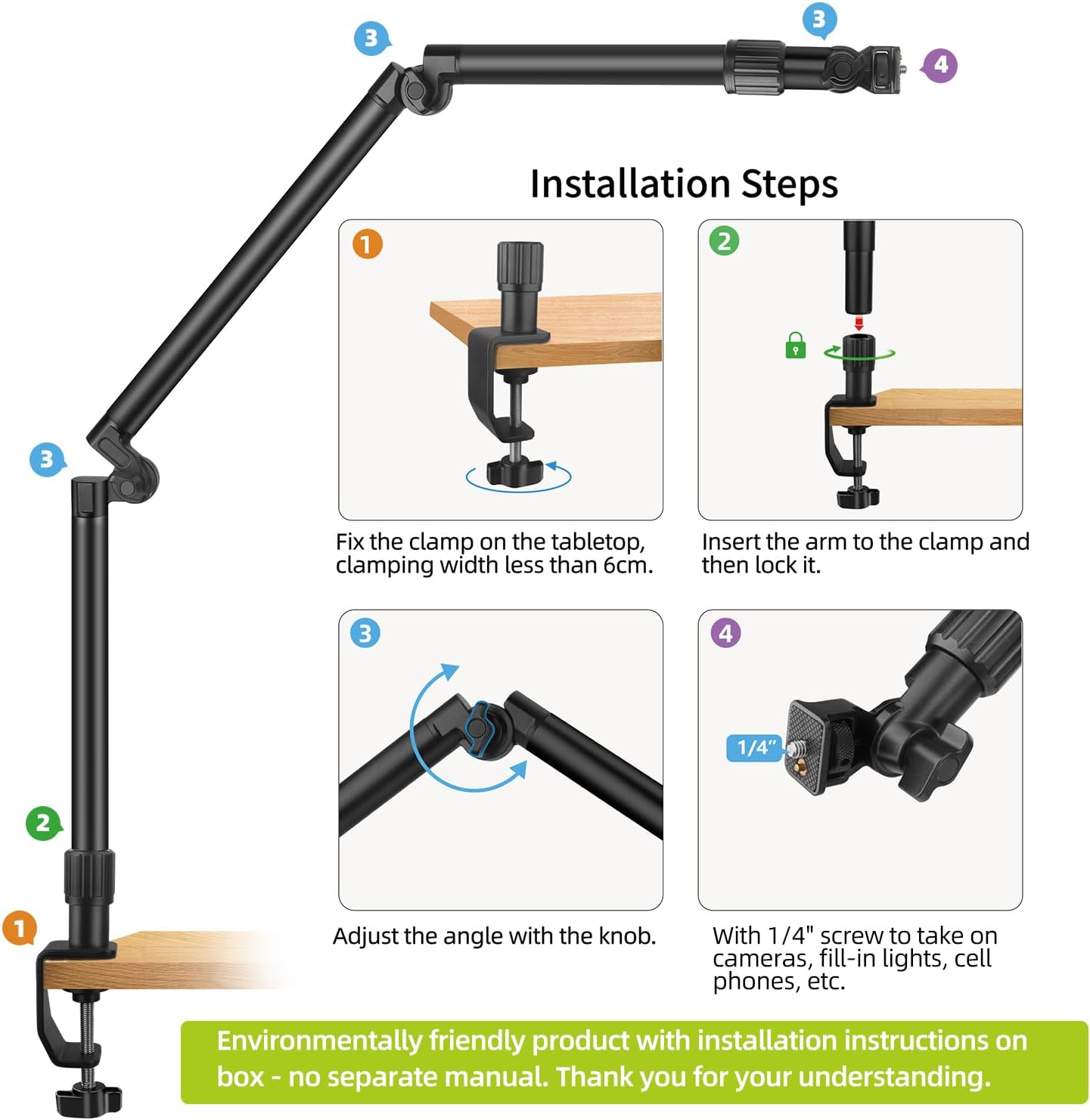 JINSUI 37" Overhead Camera Mount Desk Stand, 3-Section 360° Adjustable Articulating Metal Arm with 1/4" Screw and Phone Holder, Foldable Webcam Stand for DSLR Camera Ring Light Projector