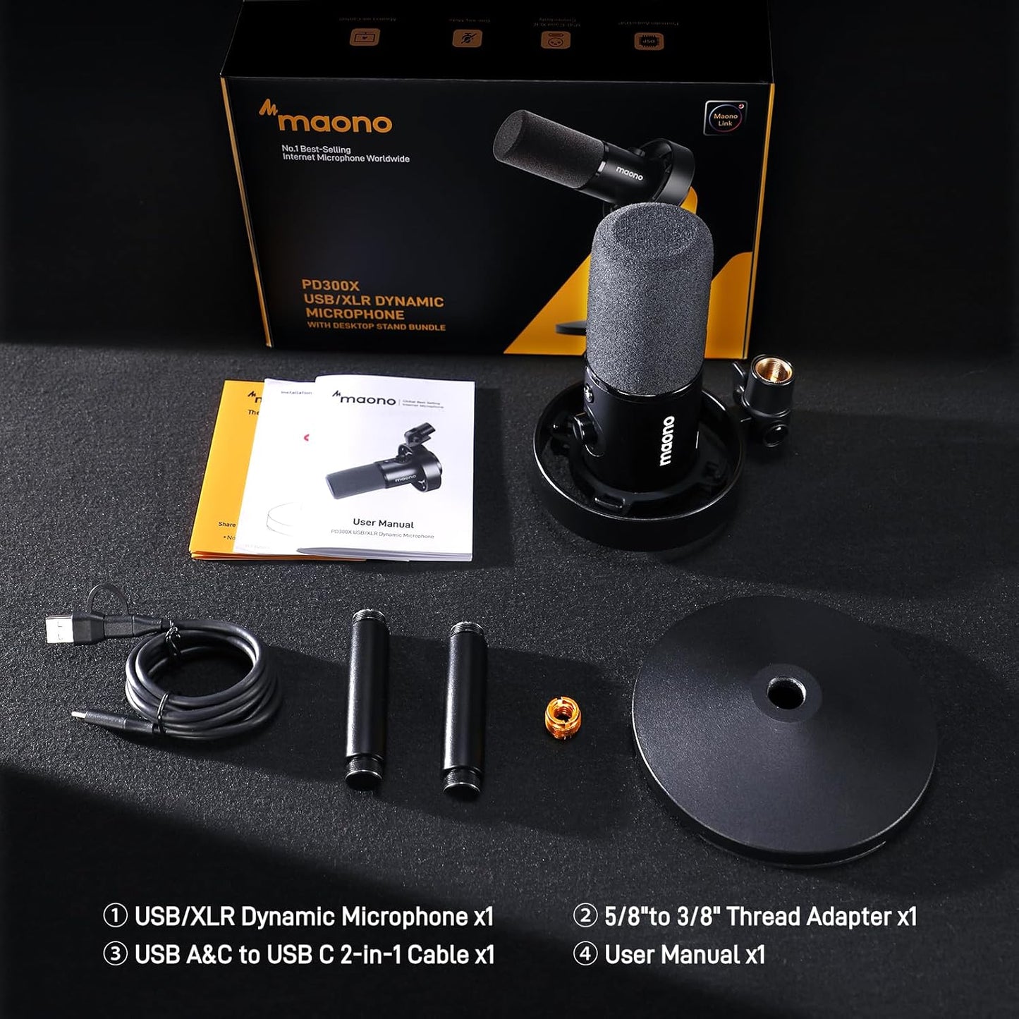 MAONO USB XLR Dynamic Microphone for Podcast: PC Computer Gaming Mic with 192kHz/24bit for Studio Recording Streaming Content Creation PD300XT
