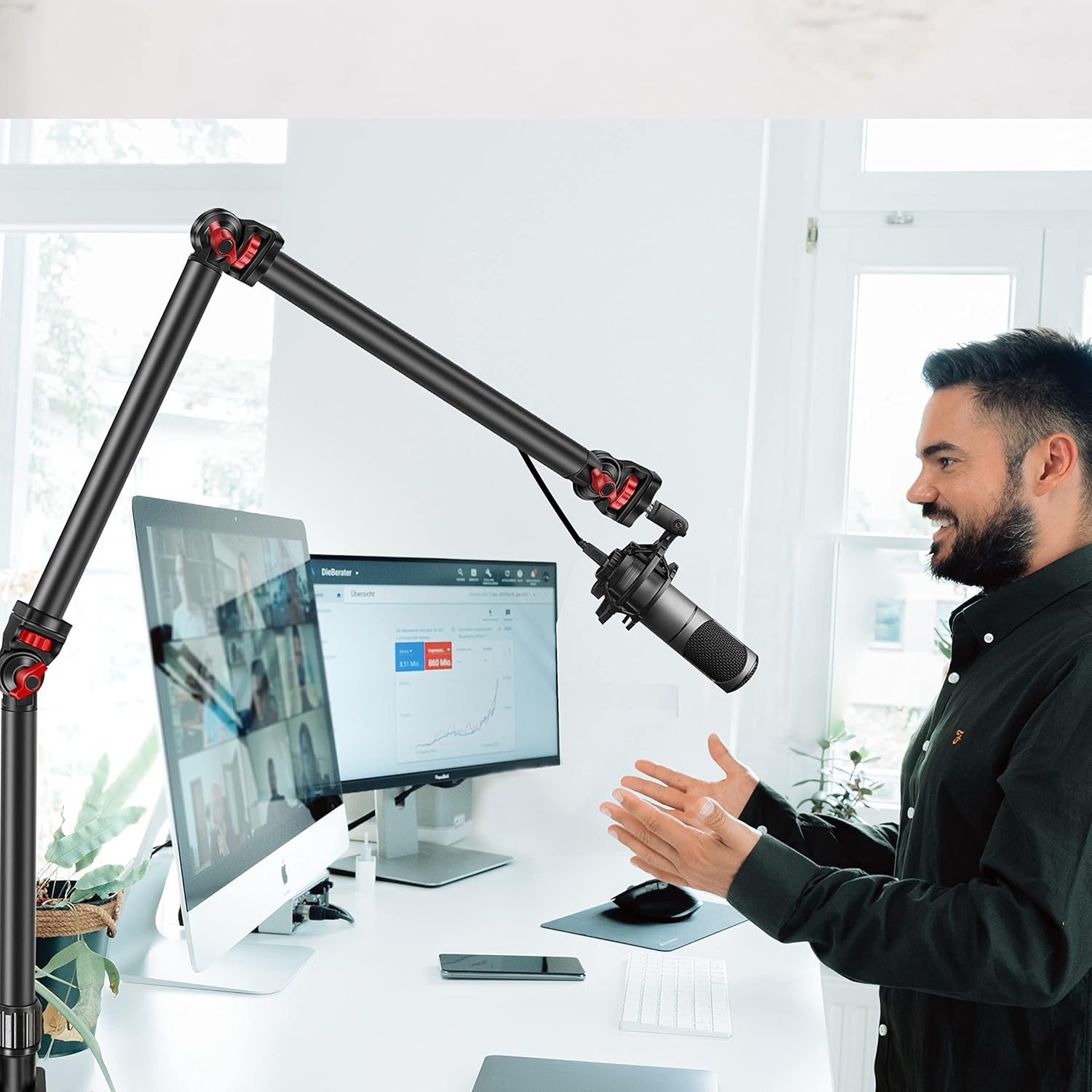 Overhead Camera Mount Desk Stand, 3-Section Flexible Detachable Articulating Arm with 1/4“ 3/8" 5/8" Screw&360° Ball Head, C-clamp Tabletop Mount for DSLR Camera/Webcam/Microphone/Lights