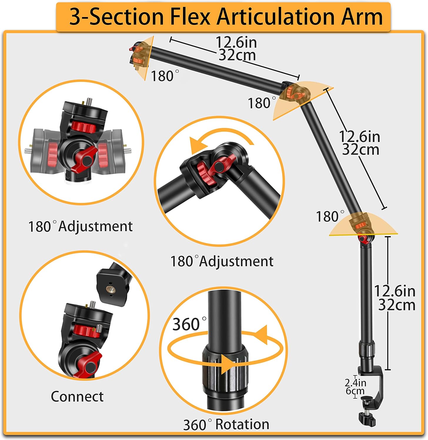 Overhead Camera Mount Desk Stand, 3-Section Flexible Detachable Articulating Arm with 1/4“ 3/8" 5/8" Screw&360° Ball Head, C-clamp Tabletop Mount for DSLR Camera/Webcam/Microphone/Lights