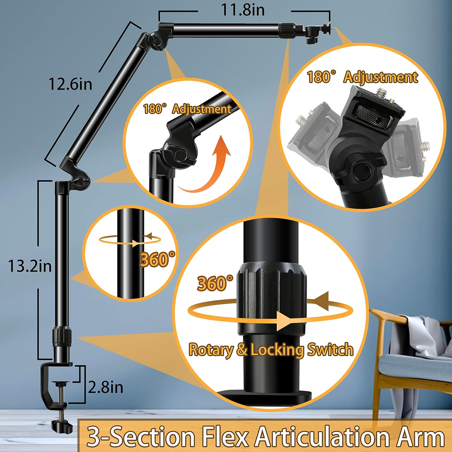 Overhead Camera Mount Desk Stand, Bearing 18lb, Base& Top 360° Adjustable, with 1/4“ 3/8" 5/8" Screw, 3-Section Flexible Articulating Metal Arm for DSLR Camera/Webcam
