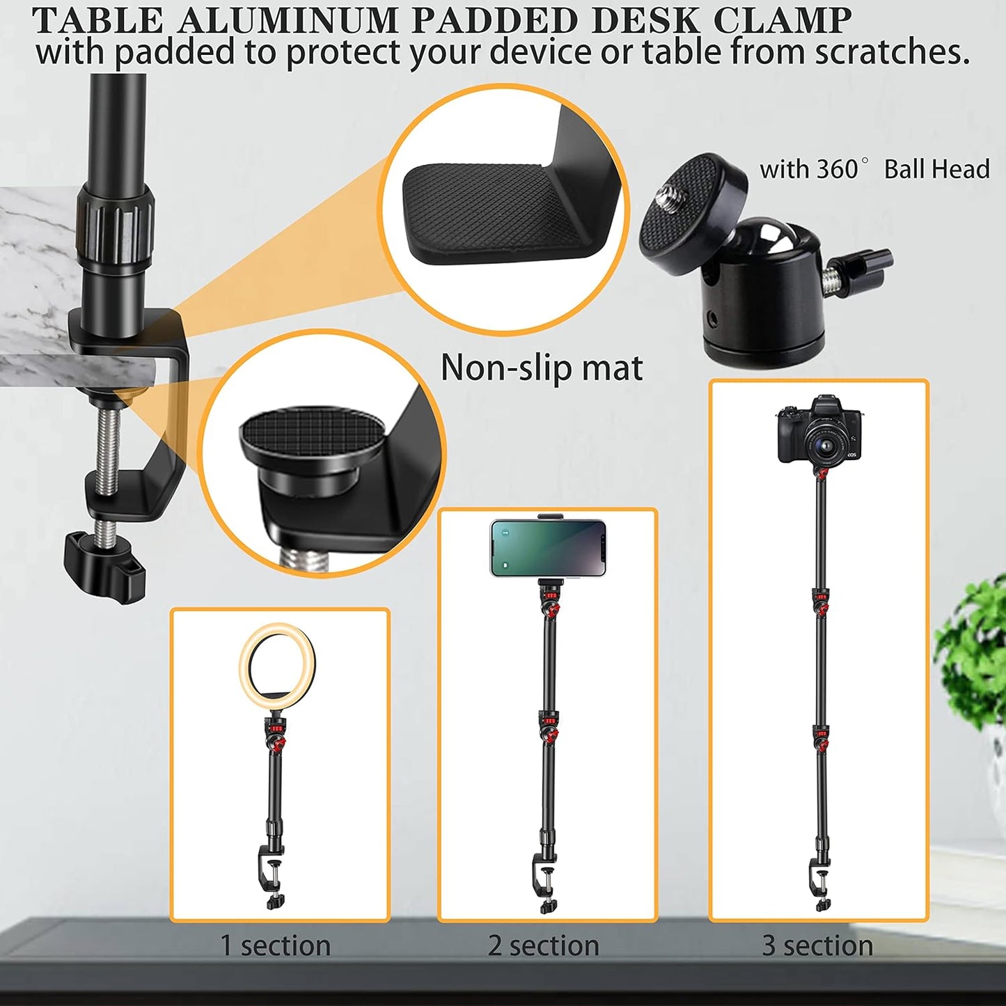Overhead Camera Mount Desk Stand, 3-Section Flexible Detachable Articulating Arm with 1/4“ 3/8" 5/8" Screw&360° Ball Head, C-clamp Tabletop Mount for DSLR Camera/Webcam/Microphone/Lights